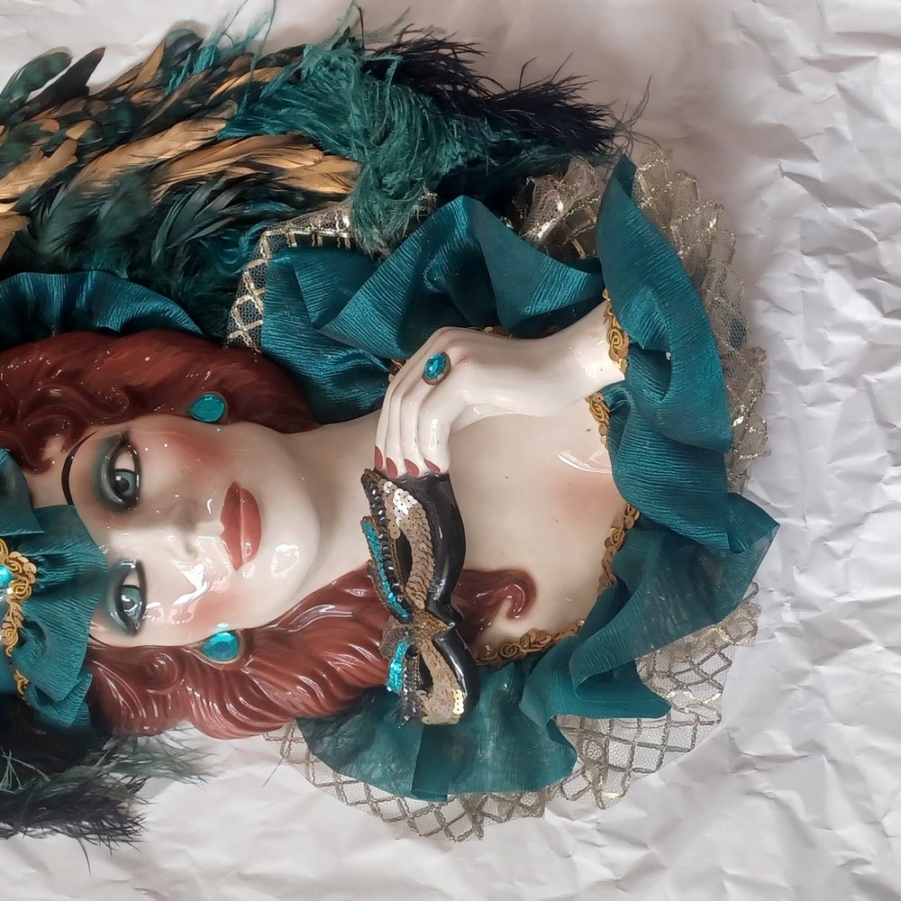 Elegant Lady In Teal and Gold Feathered Musical Mask Wall Hanging - Picture 7 of 7